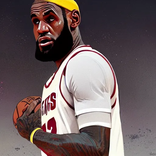 Image similar to highly detailed portrait lebron james basketball player in gta v, stephen bliss, unreal engine, fantasy art by greg rutkowski, loish, rhads, ferdinand knab, makoto shinkai and lois van baarle, ilya kuvshinov, rossdraws, tom bagshaw, global illumination, radiant light, detailed and intricate environment