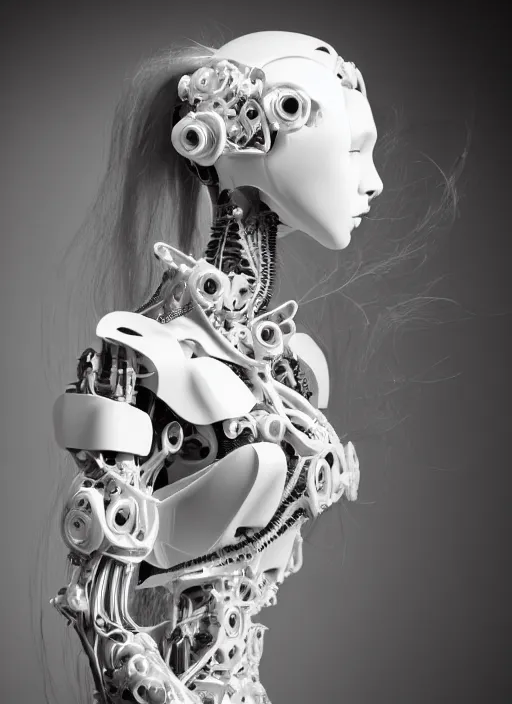 Image similar to black and white dreamy profile face portrait, biomechanical beautiful angelic young female cyborg - robot - doll with long hair made of flowers, body ribs, volumetric light, hibiscus flowers, rim light, big gothic fashion pearl embroidered collar, 1 9 3 0, 8 k