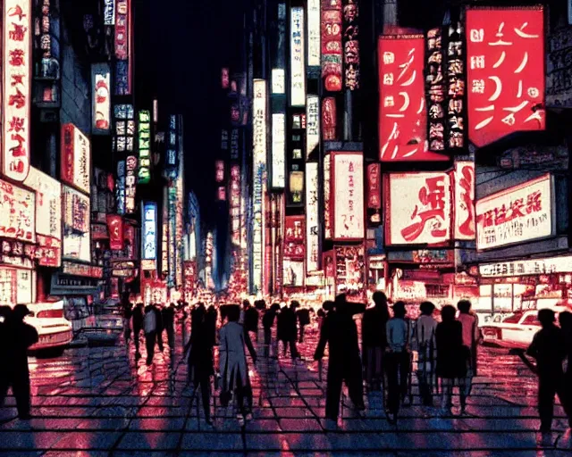 Image similar to crowded tokyo street at night, the animatrix, atmospheric, cinematic composition, 8 k, cinematic lighting, blade runner