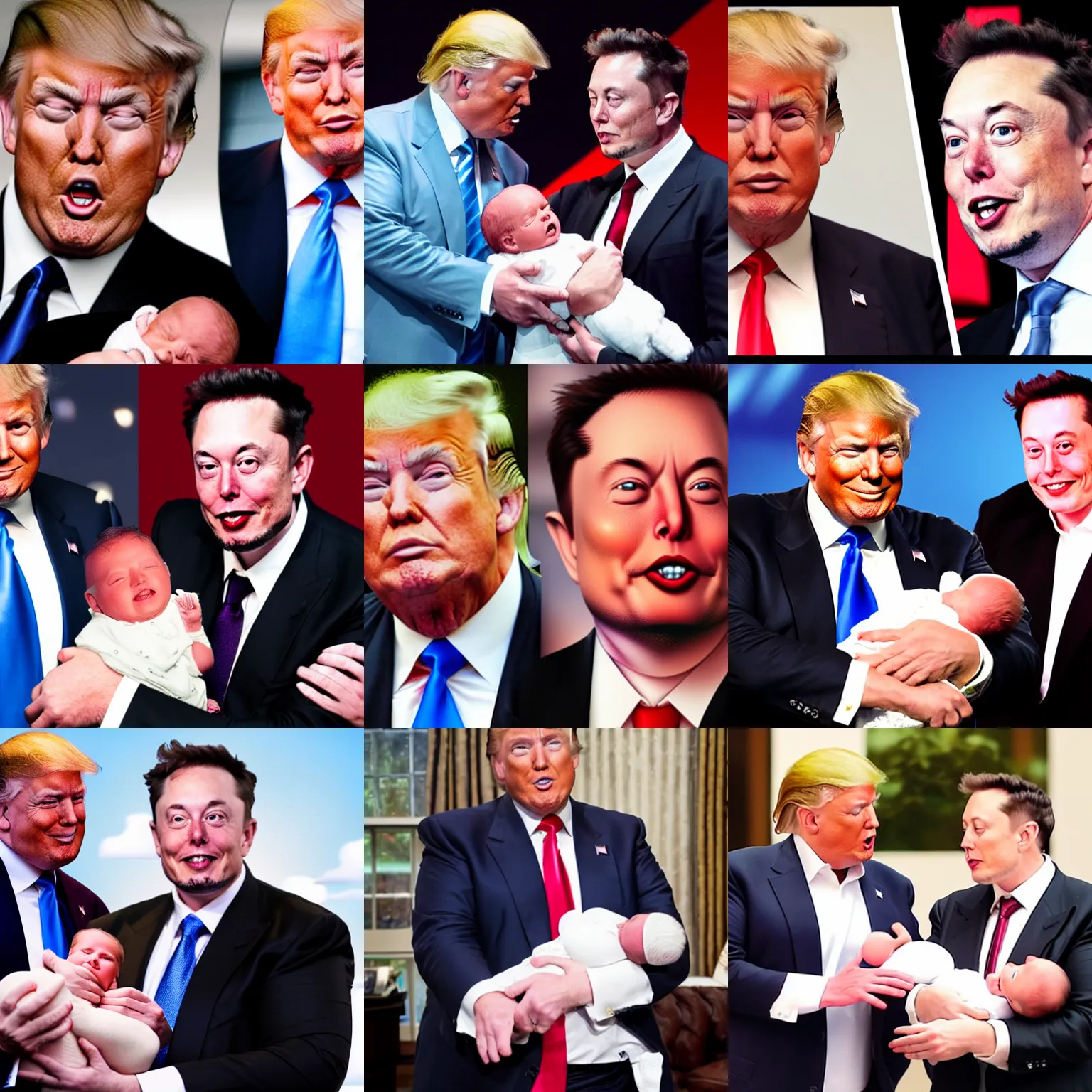 Prompt: a realistic photo of donald trump and elon musk holding a newborn baby together