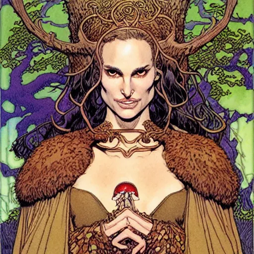 Image similar to a realistic portrait of natalie portman as a druidic wizard by rebecca guay, michael kaluta, charles vess and jean moebius giraud