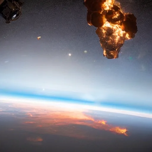 Image similar to photograph from the international space station window as planet earth breaks in half following a larger asteroid impact, fire explosions