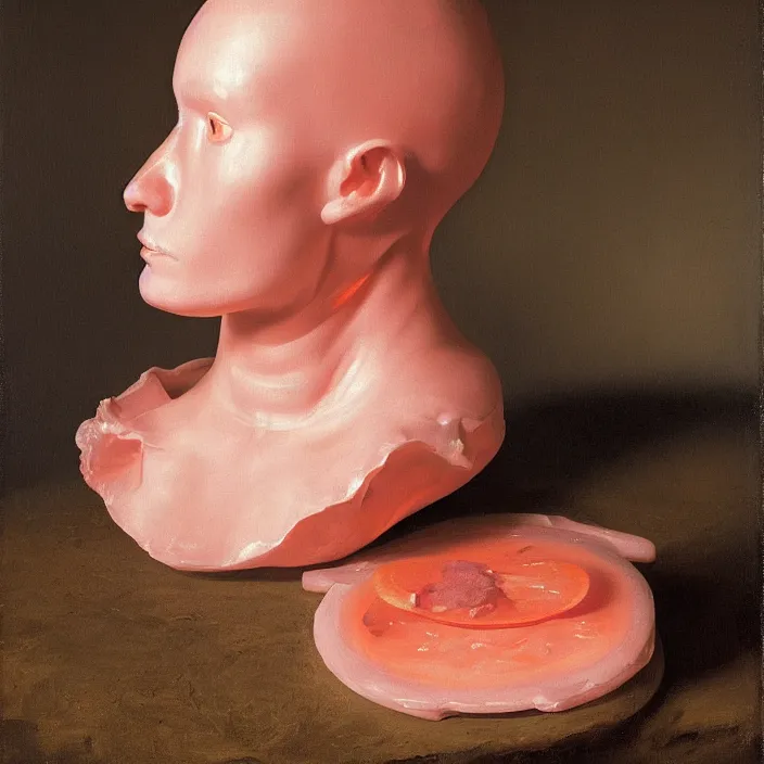 Prompt: still life painting of a melting pink glass mannequin head, by pieter claesz, oil on canvas, strong lighting, orange slices, highly detailed, hyper realism, golden hour, god rays, hd, 4 k