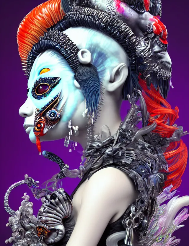 Image similar to 3 d photo realistic goddess close - up profile portrait punk with mohawk with ram skull. beautiful intricately detailed japanese crow kitsune mask and clasical japanese kimono. betta fish, jellyfish phoenix, bio luminescent, plasma, ice, water, wind, creature, artwork by tooth wu and wlop and beeple and greg rutkowski