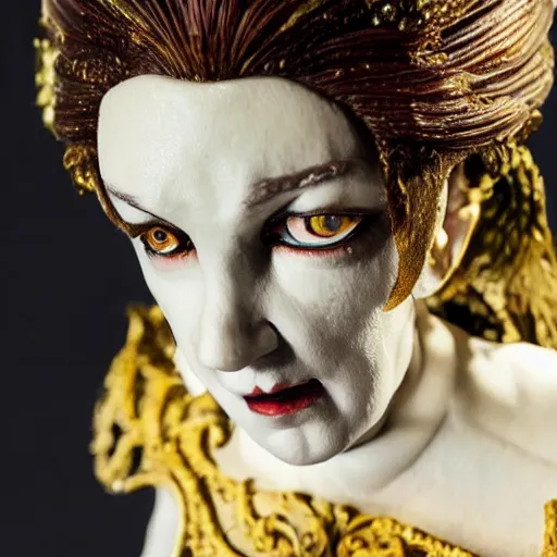 Image similar to photo taken of an epic intricate, ultra detailed, super realistic bust of a majestic gracious regal beautiful aristocratic victorian female vampire stop motion puppet created by weta workshop, menacing, some zoomed in shots, photorealistic, sharp focus, white wall, extremely cold blueish colour temperature, 3 5 mm, f 1. 4, golden ratio