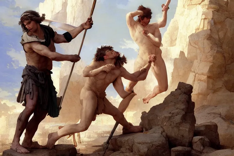 Image similar to ancient historically accurate depiction of the Bible duel bettween the shepherd boy david and Goliath of Gath, the Philistine warrior giant, by frank miller, illustration by Ruan Jia and Mandy Jurgens and William-Adolphe Bouguereau, Artgerm, 4k, digital art, surreal, space dandy style, highly detailed, godsend, artstation, digital painting, concept art, smooth, sharp focus, illustration by Ruan Jia and Mandy Jurgens and William-Adolphe Bouguereau, Artgerm