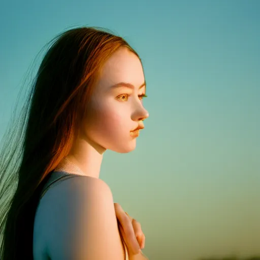 Image similar to beautiful hyperdetailed photograph of a cute young woman, golden hour, soft focus, medium shot, 8 k, portra 4 0 0