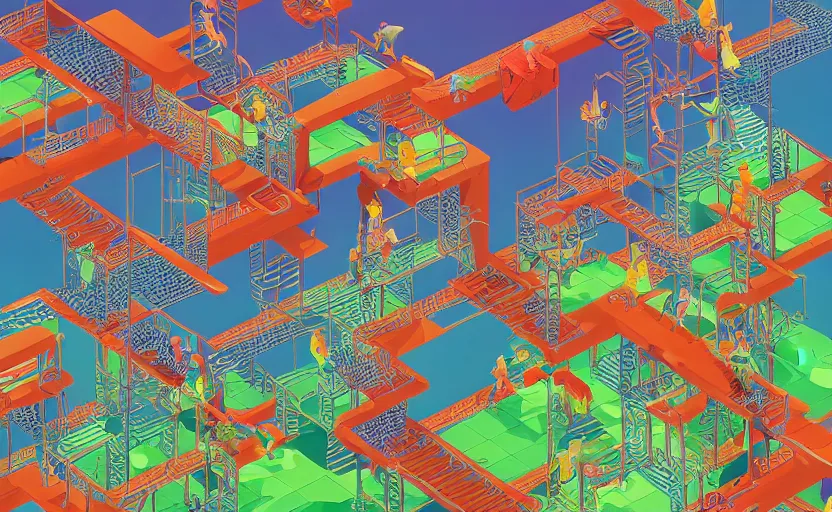 Prompt: chutes and ladders, centered award winning digital illustration, isometric illustration by beeple, edited by mc escher, detailed by raqib shaw, popsurrealism, symmetrically isometrically centered
