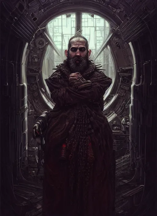 Prompt: portrait of a cyberpunk bearded king, grim - lighting, high - contrast, intricate, elegant, highly detailed, centered, digital painting, artstation, concept art, smooth, sharp focus, illustration, artgerm, tomasz alen kopera, peter mohrbacher, donato giancola, joseph christian leyendecker, wlop, boris vallejo