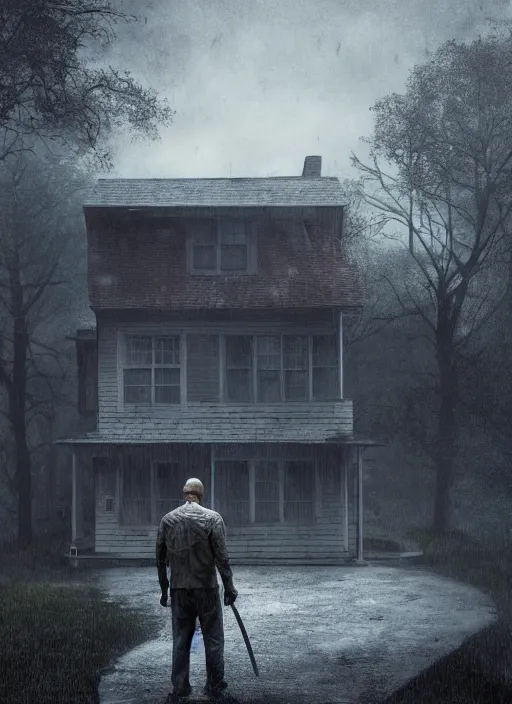 Image similar to jason voorhees standing in front of a house on a rainy day, a digital rendering by gregory crewdson, trending on cgsociety, american scene painting, ominous vibe, matte drawing, atmospheric