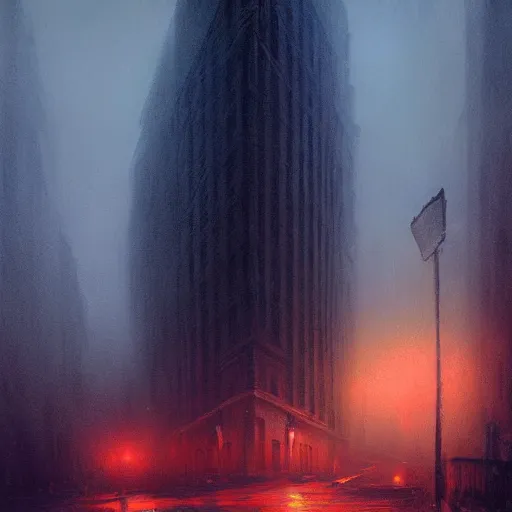 Prompt: A dark painting of a city shrouded in fog and illuminated by red streetlights, abandoned buildings, view from the street, by Greg Rutkowski, trending on artstation