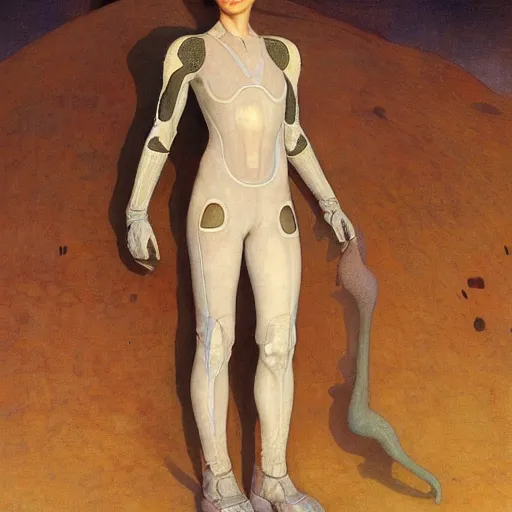 Image similar to masterpiece full body portrait of Ripley with a perfect body and transparent suit on Dune, by Edgar Maxence and Ross Tran and Michael Whelan and Gustav Klimpt