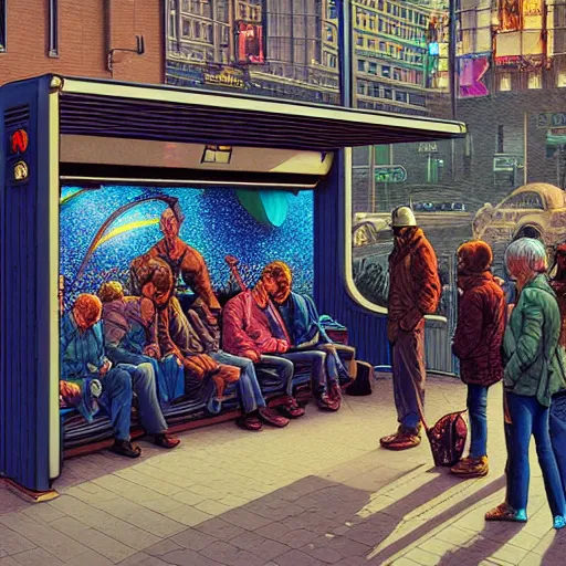 Prompt: people waiting in bus stop, by dan mumford, moebius, yukito kishiro, barclay shaw, octane hyperrealism maximalist ultradetailed render with cinematic dramatic light by karol bak and monge and rutkowsky