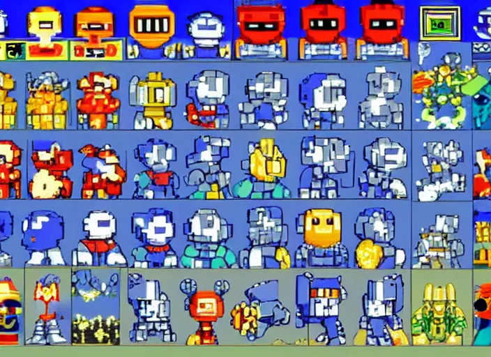 Image similar to screenshot of a 1 9 9 3 1 6 - bit snes mega man game stage - select screen consisting of a grid of 9 framed portraits of cute evil robots.