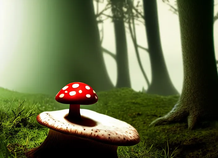 Image similar to a cute creature sitting next to a mushroom, fog filled, spotlights shine down from the watchtowers, perfectly lit face, ultra realistic, depth, beautiful lighting