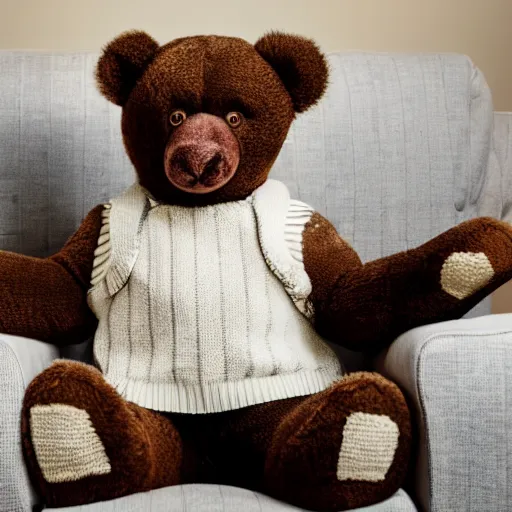 Prompt: a teddy bear with an unnerving smile wearing a sweater vest sitting on a couch, 4 k photo