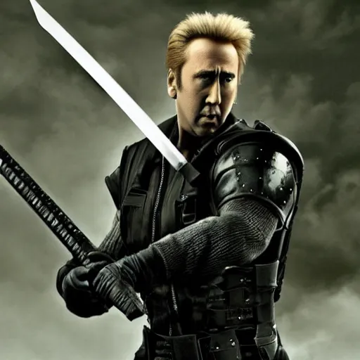 Image similar to buff nic cage playing cloud strife, movie still, digital photography, high quality