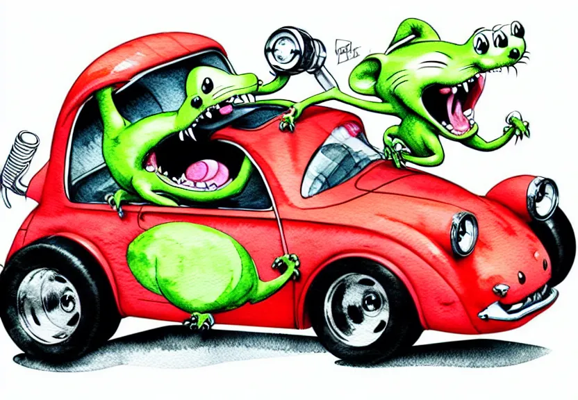 Image similar to cute and funny, rodent riding in a tiny hot rod coupe with oversized engine, ratfink style by ed roth, centered award winning watercolor pen illustration, isometric illustration by chihiro iwasaki, edited by range murata