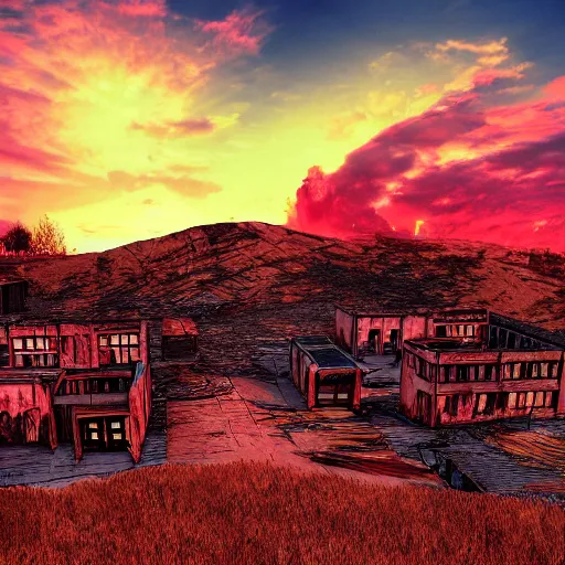 Image similar to photo of abandoned town, red sky, glowing red sun, concept art