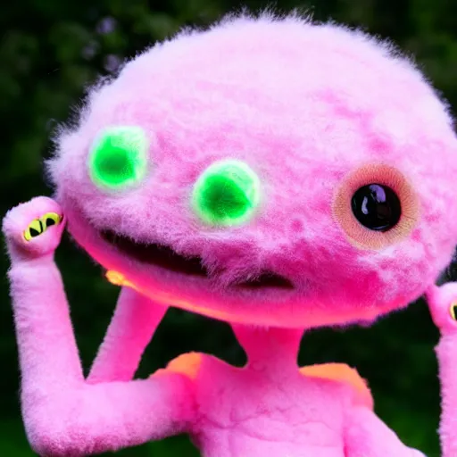 Image similar to an alien with a face that looks like a fuzzy peach the peach is fuzzy pink warm and ripe the alien has horns and a mean smile, 4k, highly detailed, high quality, amazing, high particle effects, glowing, majestic, soft lighting