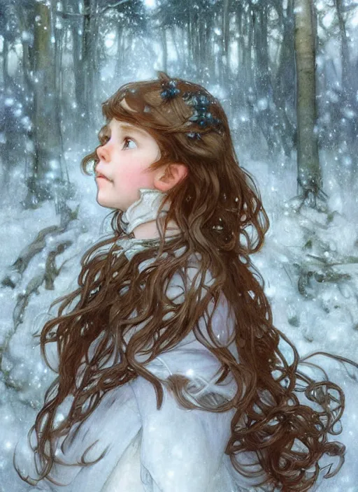 Image similar to A cute little girl with shoulder length curly brown hair and blue eyes and a hair expression. She is standing in a snowy forest trying to catch snowflakes. beautiful fantasy art by By Artgerm and Greg Rutkowski and Alphonse Mucha, trending on artstation.