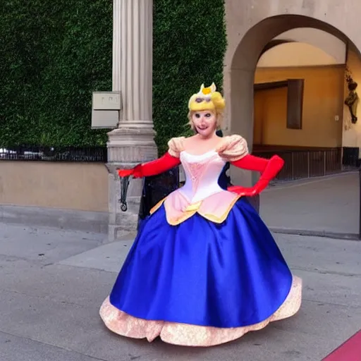 Image similar to a woman cosplaying princess peach in an opera gown