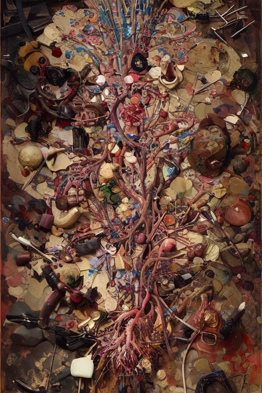 Prompt: accurate anatomical heart imagined as painting palette, wood boart palette, paintbrushes, paint mix, painted by ruan jia, raymond swanland, lawrence alma tadema, zdzislaw beksinski, norman rockwell, jack kirby, tom lovell, alex malveda, greg staples, artgerm, greg rutkowski and alphonse mucha