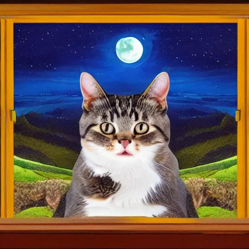 Prompt: a cat is sitting in front of a large panorama window and looks out of it at night, beautiful painting