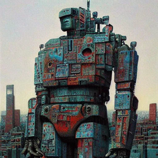 Prompt: giant robot in new york, highly detailed beksinski art