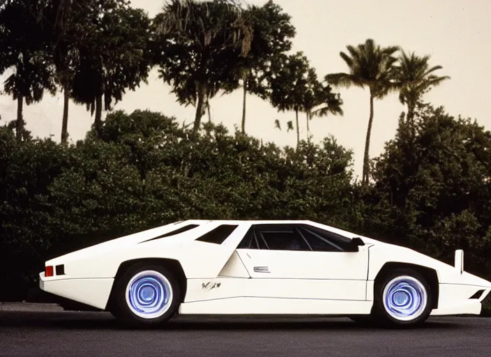 Prompt: a white lamborghini countach. palms and blue to punk sky in the background. 8 0's style. outline