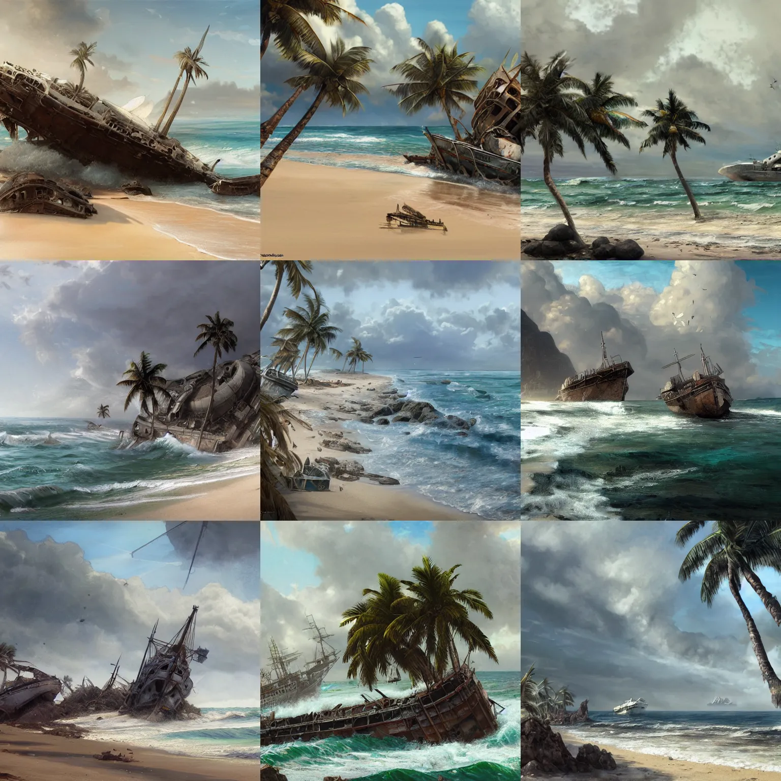 Prompt: many wrecked ships on the beach with palm trees, white ruins, cloudy weather, high diagonal sharp rocks, bushes, highly detailed, digital painting, artstation, concept art, smooth, sharp focus, illustration, ArtStation, art by giger and greg rutkowski and Hikari Shimoda and Edmund Blair Leighton and Charlie Bowater