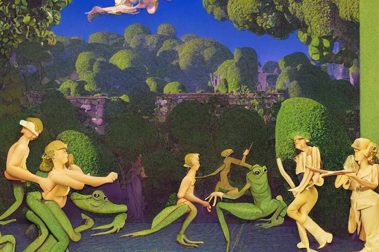 Image similar to a fantasy courtyard scene with dancing frogs, digital painting by maxfield parrish and michael whelan, photorealistic