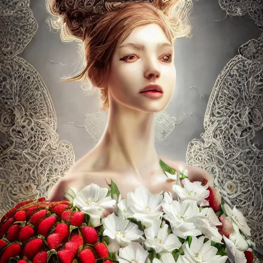 Image similar to the portrait of an absurdly beautiful, graceful, elegant, sophisticated, fashionable young woman made of strawberries and white petals looking down, an ultrafine hyperdetailed illustration by kim jung gi, irakli nadar, intricate linework, bright colors, octopath traveler, final fantasy, unreal engine 5 highly rendered, global illumination, radiant light, detailed and intricate environment