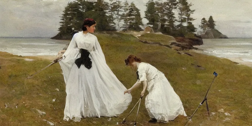 Image similar to A young Edwardian woman wearing a white dress, uses a metal detector on a beach in Sweden, in the style of Anders Zorn