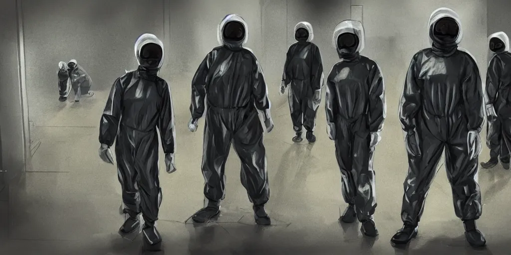 Image similar to woman wearing all black has shootout with staff, staff wearing hazmat suits, underground lab, sterile, unknown location, birds eye view, epic, light and shadows, concept art
