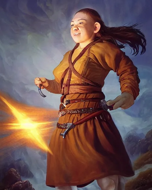 Image similar to full body portrait of a female halfling hobbit monk fistfighter, hallucinating a holy vision of her goddess of mist and light, flowing robes and leather armor, detailed dynamic light painting by albrecht anker