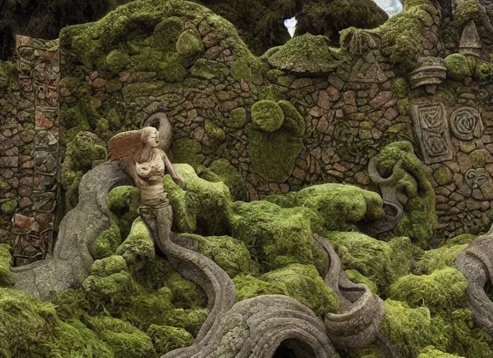 Prompt: jim henson's labyrinth. carved stone overgrown with moss. stonewalls creatures, plants, and social situations will be easier. by edgar maxence and caravaggio and michael whelan and delacroix style, artistic, intricate painting, cinematic lighting, hyper realistic, extremely detailed, 8 k resolution, establishing shot, dramatic lighting