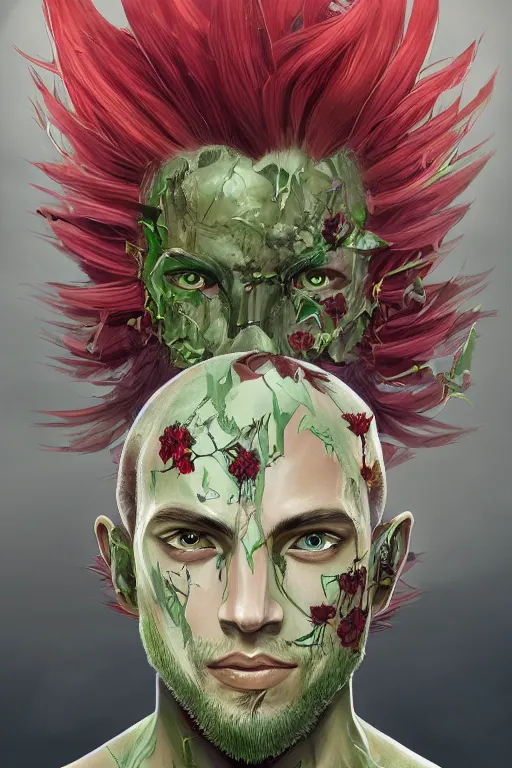 Image similar to portrait of beautiful young man, warhammer, japanic style, cyberpunk, a lot of scars, more and more flowers, green head, sun side, some red water, the middle ages, highly detailed, artstation, illustration, artgerm sylvari portrait, 8 k quality