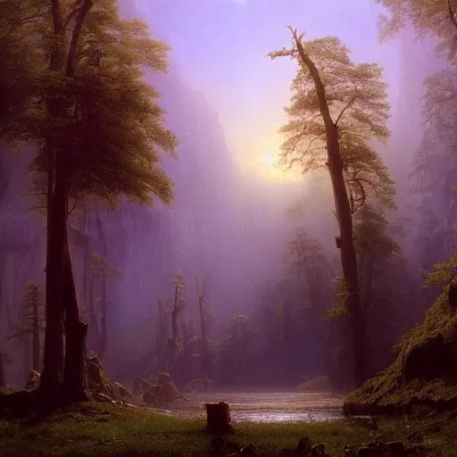 Image similar to painting of a post - apocaliptic wonderland by albert bierstadt, matte painting, unreal engine, 8 k resolution, beautiful, dark ambient