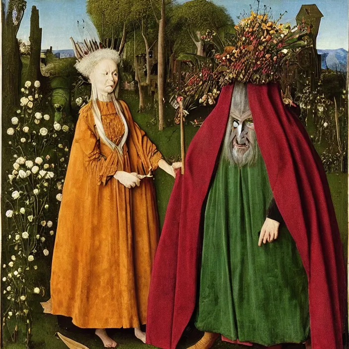 Prompt: a woman wearing a cloak of flowers, standing next to a creepy old green-horned goblin man, by Jan van Eyck