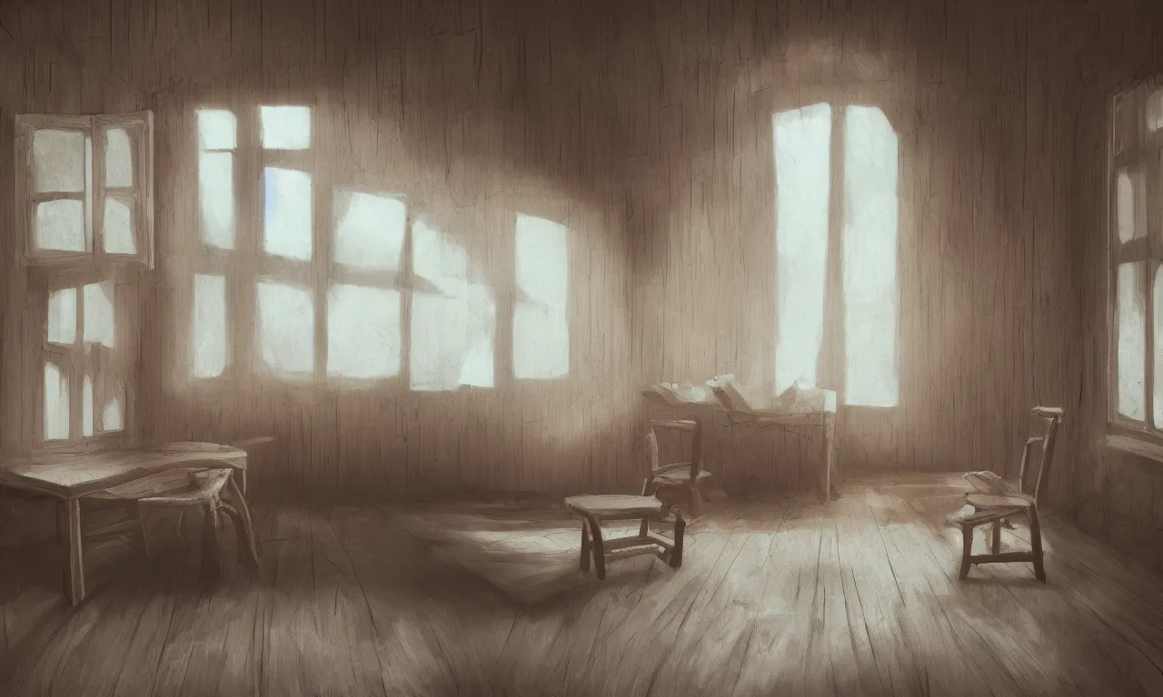 Prompt: A dark room with log walls. Cloudy window illuminates the room casting a soft glow on the floor. Wooden table and a chair by the window, trending on artstation.