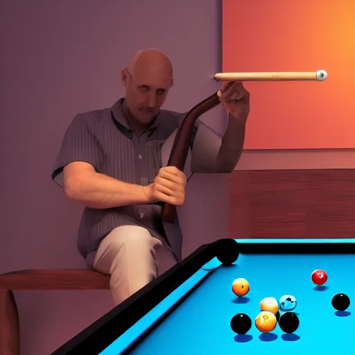 Image similar to bald man playing 8 ball pool, digital art