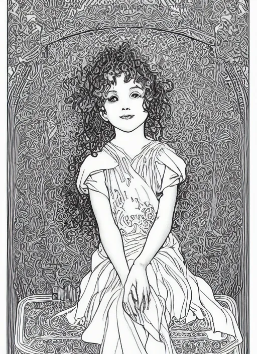 Image similar to clean simple line art of a little girl with wavy curly hair sitting on a tall pile of books. well composed, clean coloring book page, beautiful detailed face. coloring book line art by greg rutkowski and johanna basford and alphonse mucha
