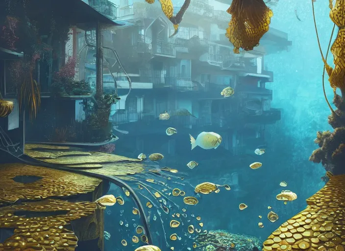 Prompt: foliage in art nouveau favela, underwater environment, scenery, professional, award - winning, trending on artstation, hyper detailed, realistic, beautiful, emotional, shiny, golden, picture