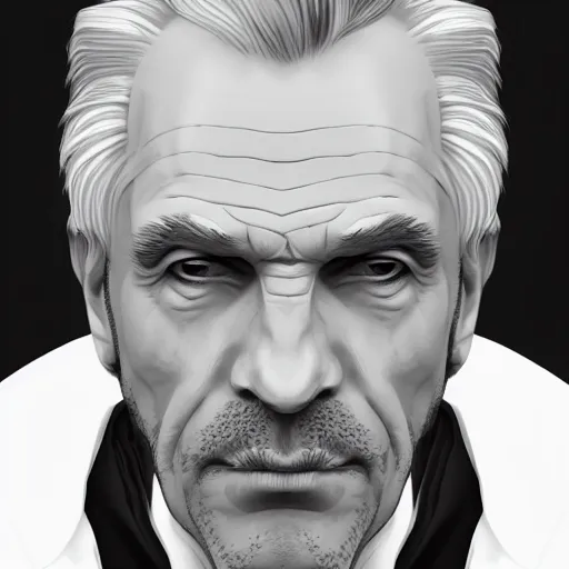 Image similar to old greying flowing hair handsome man with high collar fantasy, symmetrical beautiful, portrait, painting, trending on artstation