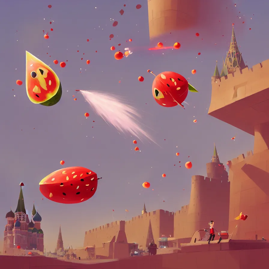 Image similar to Goro Fujita illustrating a watermelon rocket hitting the Red Square Kremlin, art by Goro Fujita, sharp focus, highly detailed, ArtStation