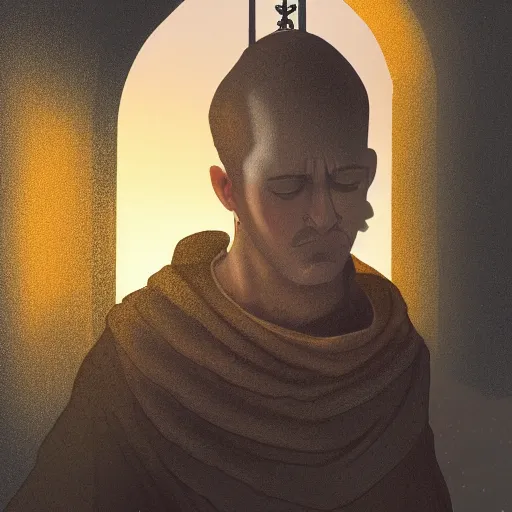 Image similar to Digital portrait of a catholic priest in his twenties fervently praying at the top of a medieval tower. He is looking terrified as a yellow shadow descends upon him from the night sky. Dramatic lighting. Award-winning digital art, trending on ArtStation