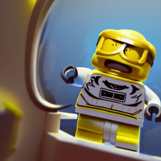 Image similar to lego minion astronaut in the spaceship by goro fujita and greg rutkowski, realism, sharp details, cinematic, highly detailed, digital, 3 d, yellow colors