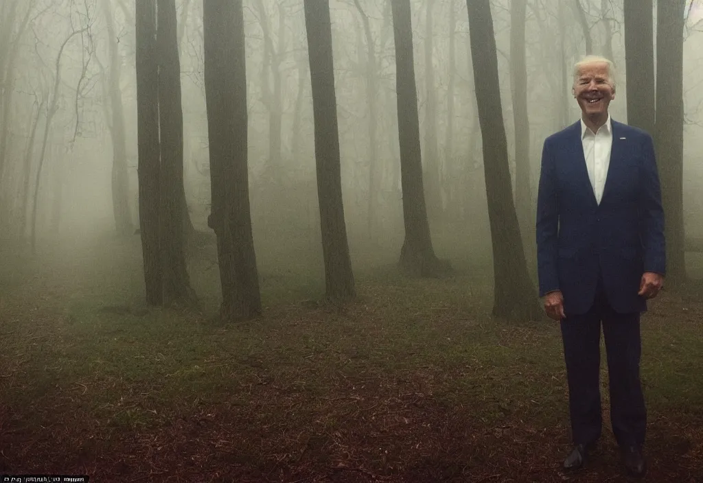 Image similar to low quality iphone photo of joe biden standing ominously in the foggy woods with a demonic smile in his face, creepy, far away