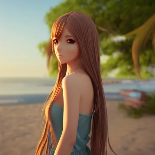 Prompt: Render of a very beautiful 3d anime girl, long hair, hazel eyes, full round face, short smile, cute sundress, golden hour, serene beach setting, medium shot, mid-shot, highly detailed, trending on Artstation, Unreal Engine 4k